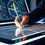 A professional digital artist, fully clothed in modest, contemporary studio attire, focused on a large interactive display tablet in a clean, modern creative workspace. The artist is sketching or refining a digital illustration with a stylus, demonstrating skill and intentionality. Subtle abstract data patterns or glowing lines representing AI processes are visible in the background, symbolizing AI as a collaborative tool. The scene emphasizes human ingenuity and control over technology. Perfect anatomy, correct proportions, natural pose, well-formed hands, proper finger count, natural body proportions. Professional photography, high resolution, sharp focus, cinematic lighting, vibrant colors. Appropriate content, safe for work, professional, family-friendly.