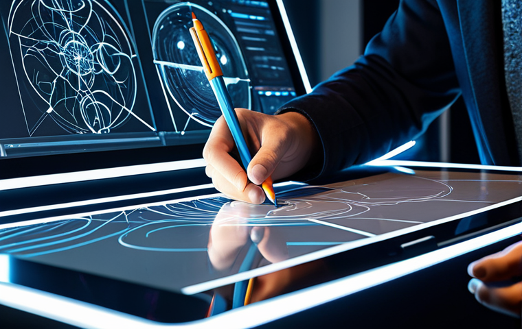 A professional digital artist, fully clothed in modest, contemporary studio attire, focused on a large interactive display tablet in a clean, modern creative workspace. The artist is sketching or refining a digital illustration with a stylus, demonstrating skill and intentionality. Subtle abstract data patterns or glowing lines representing AI processes are visible in the background, symbolizing AI as a collaborative tool. The scene emphasizes human ingenuity and control over technology. Perfect anatomy, correct proportions, natural pose, well-formed hands, proper finger count, natural body proportions. Professional photography, high resolution, sharp focus, cinematic lighting, vibrant colors. Appropriate content, safe for work, professional, family-friendly.