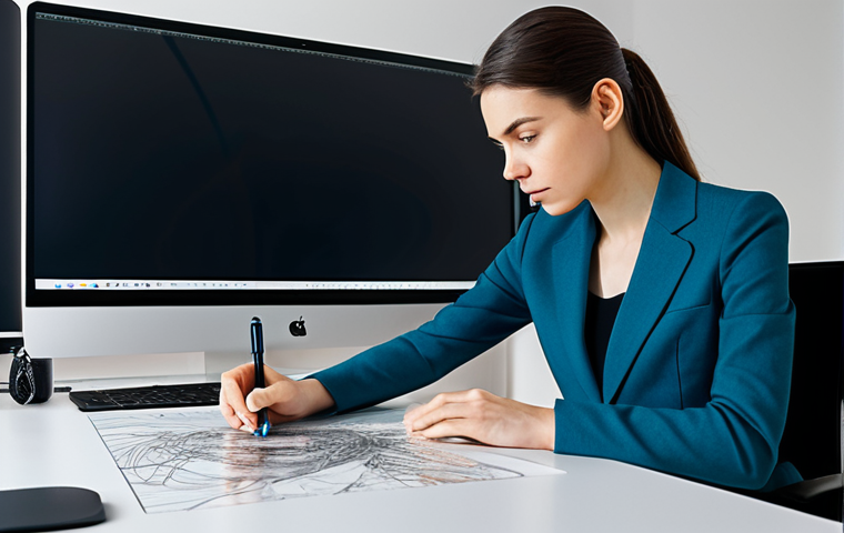 A professional graphic designer, fully clothed in a modest, contemporary business casual outfit, seated at a sleek, minimalist desk. She thoughtfully observes a large, transparent digital screen displaying a split image: one side shows a traditionally drawn sketch, the other an intricately detailed AI-generated digital painting. Her hand is gently resting near a stylus, reflecting the intersection of human creativity and artificial intelligence. The modern, well-lit studio workspace includes subtle art books and server rack elements in the background, creating a contemplative, analytical mood. fully clothed, modest clothing, appropriate attire, professional dress, safe for work, appropriate content, professional, perfect anatomy, correct proportions, natural pose, well-formed hands, proper finger count, natural body proportions, professional photography, high quality, sharp focus, vibrant colors, studio lighting.