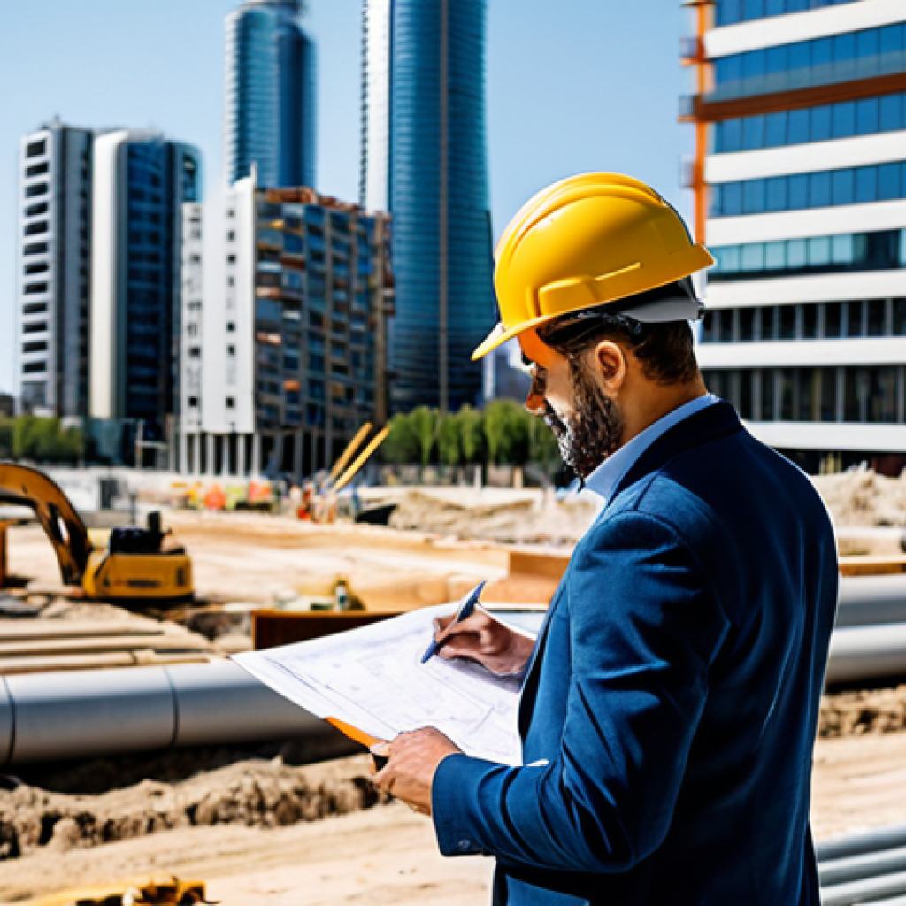 **
A professional architect, fully clothed in a stylish but modest business casual outfit, reviewing blueprints on a sunny construction site in Barcelona. Modern buildings are in the background, workers in hard hats are visible, safe for work, appropriate content, perfect anatomy, natural proportions, professional photography, high quality.
**