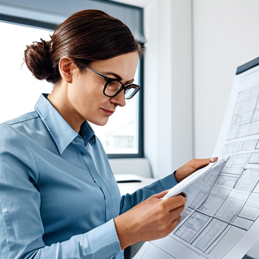 Architect at Work**
"A female architect in her late 30s, wearing a professional blouse and stylish glasses, reviewing blueprints at a bright, modern architectural firm office, fully clothed, appropriate attire, safe for work, perfect anatomy, well-formed hands, natural pose, professional photography, high quality, sharp focus, natural lighting."
**