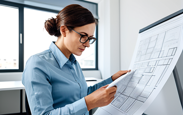 Architect at Work**
"A female architect in her late 30s, wearing a professional blouse and stylish glasses, reviewing blueprints at a bright, modern architectural firm office, fully clothed, appropriate attire, safe for work, perfect anatomy, well-formed hands, natural pose, professional photography, high quality, sharp focus, natural lighting."
**