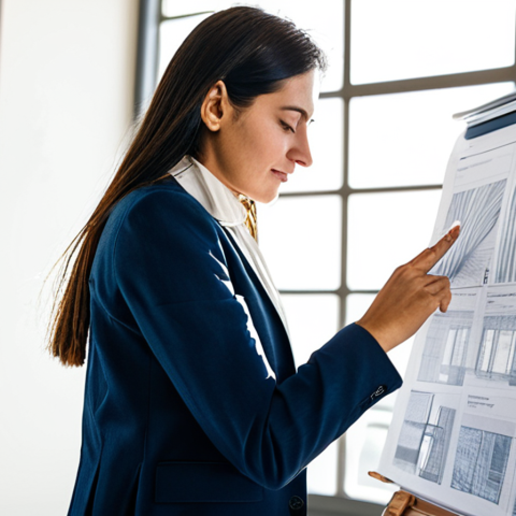 AI 창작물의 저작권 분쟁 예방 방법 - **
"A professional female architect, fully clothed in a modest business casual outfit, reviewing bl...
