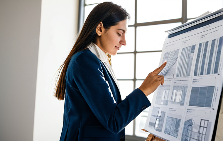 AI 창작물의 저작권 분쟁 예방 방법 - **
"A professional female architect, fully clothed in a modest business casual outfit, reviewing bl...
