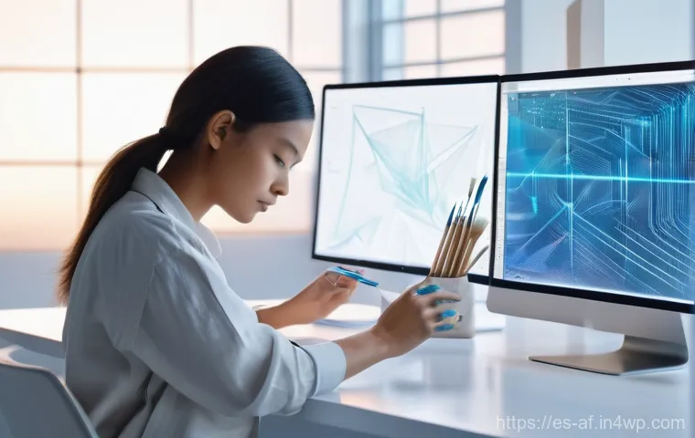 AI 저작권 침해 예방을 위한 법적 조치 - **Prompt 1: The Digital Sculptor's Studio**
"A talented young female artist, wearing stylish yet...