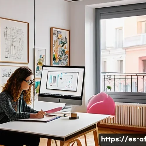 AI 창작물의 저작권 보호를 위한 교육 자료 - A modern digital artist's studio in a vibrant Madrid apartment, featuring a sleek computer screen di...