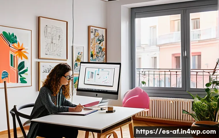 AI 창작물의 저작권 보호를 위한 교육 자료 - A modern digital artist's studio in a vibrant Madrid apartment, featuring a sleek computer screen di...