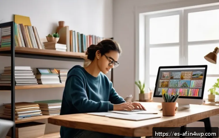 AI 기반 콘텐츠의 저작권 보장 방안 - A modern digital artist workspace showing a creative professional in casual attire working on a lapt...