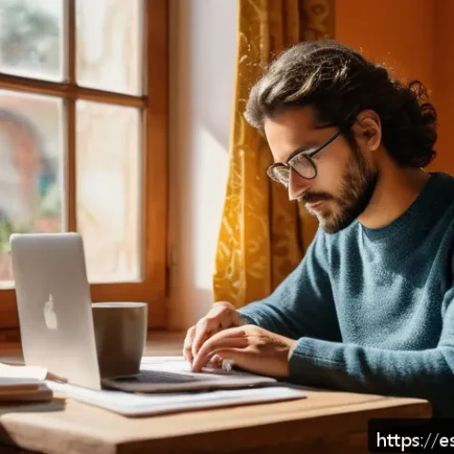 AI 콘텐츠 저작권 침해 예방 캠페인 - A creative content writer sitting at a wooden desk in a cozy, sunlit room with Spanish-style decor, ...