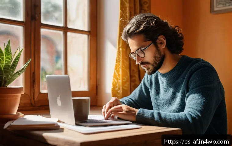 AI 콘텐츠 저작권 침해 예방 캠페인 - A creative content writer sitting at a wooden desk in a cozy, sunlit room with Spanish-style decor, ...